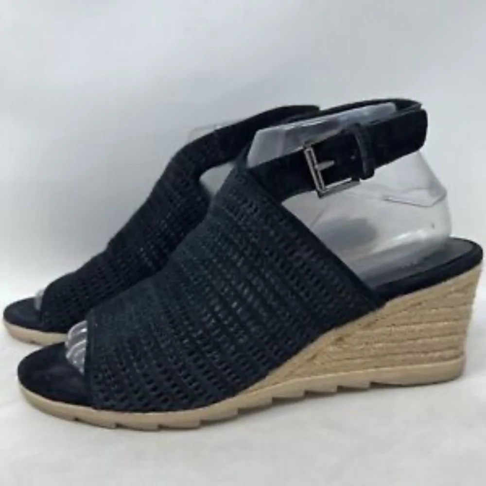 Eileen Fisher Winnie Black Leather Espadrille Wedge Sandal US 8